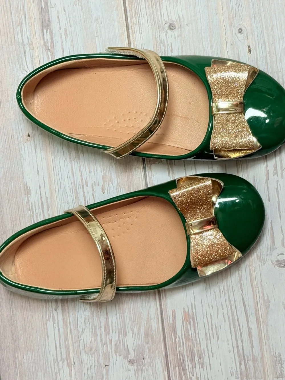 Girls' Green Patent Mary Janes with Gold Bow